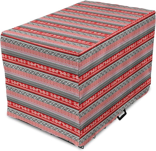 Lunarable Aztec Dog Crate Cover, Bird Motifs Abstract Indigenous Style Squares Latin American Inspired, Easy to Use Pet Kennel Cover for Medium Large Dogs, 42 Inch, Red Black White