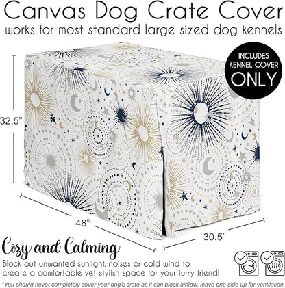 Sweet Jojo Designs Navy Blue Star and Moon Dog Crate Cover – Kennel Covers for 48 Inch Pet Cage Large - Gold Grey Celestial Sky Stars Gray Shabby Chic