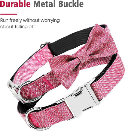 Dog Collar with Bow for Small Medium Large Dogs, Cute Bling Dog Bow Tie Collar with Metal Buckle, Soft & Durable for Medium Dogs Walking (Dark Pink, M)