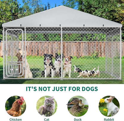 YITAHOME 10'x10' Large Outdoor Dog Kennel with Rotating Feeder Bowls, Outdoor Dog Enclosure with Roof, Heavy Duty Dog Cage for Large Dogs