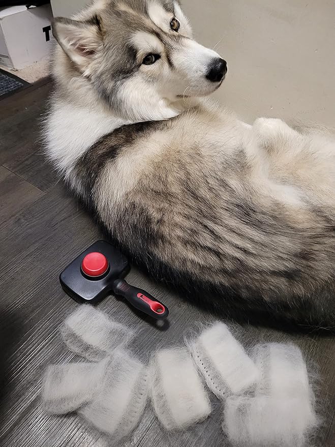 Self Cleaning Slicker TWO in One Brush - Updated Button - Slicker & Undercoat Rake - Remove Shedding Dog Hair, Undercoat & Mats, for Medium & Long Haired Dogs, Great for Husky, GSD
