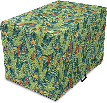 Lunarable Tropical Dog Crate Cover, Exotic Bird of Paradise Blossoms Banana and Areca Fan Palm Leaves, Easy to Use Pet Kennel Cover for Small Dogs Puppies Kittens, 22 Inch, Yellow Green and Dark Teal
