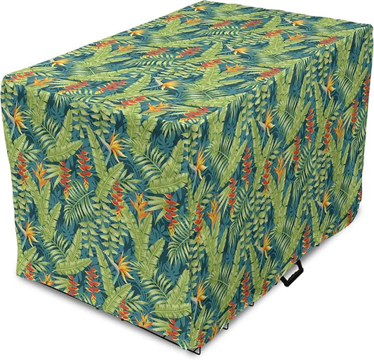 Lunarable Tropical Dog Crate Cover, Exotic Bird of Paradise Blossoms Banana and Areca Fan Palm Leaves, Easy to Use Pet Kennel Cover for Small Dogs Puppies Kittens, 22 Inch, Yellow Green and Dark Teal
