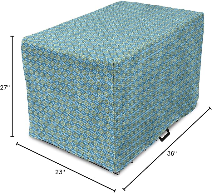 Lunarable Yellow and Blue Dog Crate Cover, Hand Drawn Abstract Ornament Rhombus Shapes Mosaic Vintage, Easy to Use Pet Kennel Cover for Medium Large Dogs, 36 Inch, Blue Aqua Yellow
