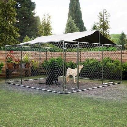 Outdoor Dog Kennel Dog Crate with Lockable Swing Gate,Water & UV Resistant Dog Enclosure Outdoor W/Pitched Roof,Heavy Duty Dog Pens Dog House Outside for Large Dogs,Gray(157"x 157")