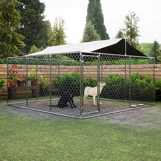 Outdoor Dog Kennel Dog Crate with Lockable Swing Gate,Water & UV Resistant Dog Enclosure Outdoor W/Pitched Roof,Heavy Duty Dog Pens Dog House Outside for Large Dogs,Gray(157"x 157")