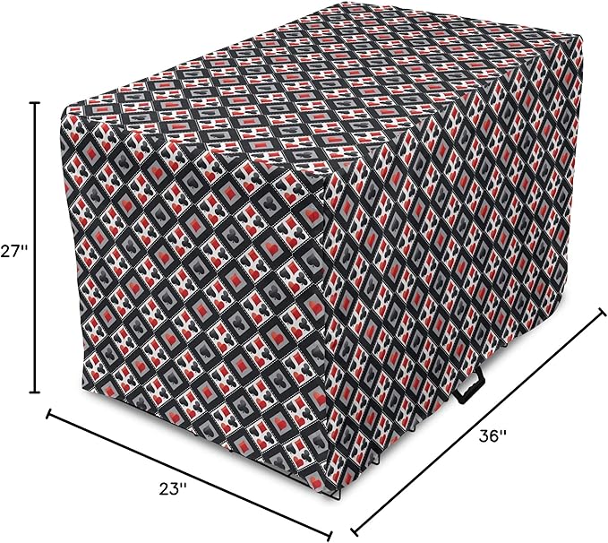 Lunarable Casino Dog Crate Cover, with Geometrical Design and Mosaic Composition Gamblers Club, Easy to Use Pet Kennel Cover for Medium Large Dogs, 36 Inch, Black Red Grey