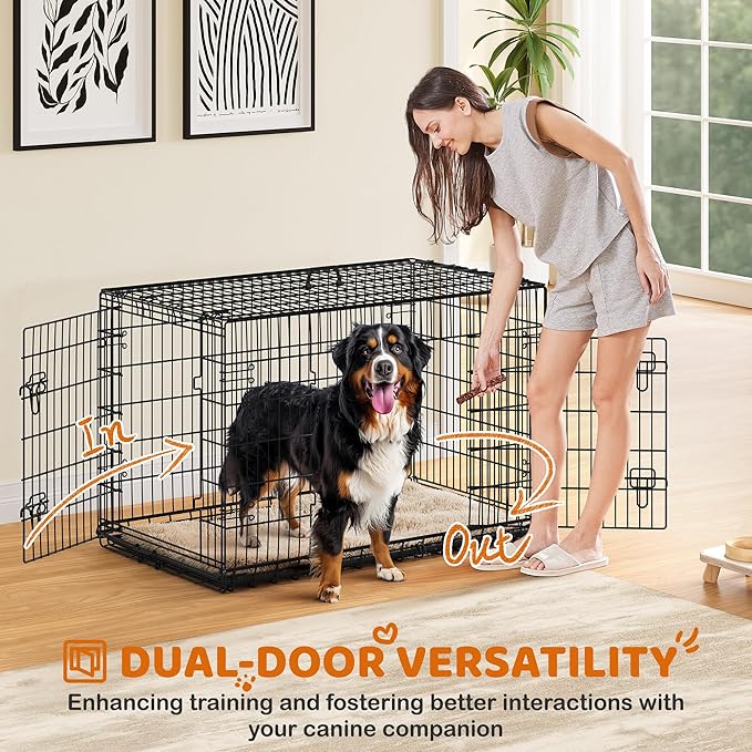 Yaheetech 48 inch Double Door Dog Crate w/Divider for Puppy to Adult Large Collapsible Metal Crate with Removable Tray XXL Wire Dog Kennel Pet Crate for Dogs Portable Travel Cage, Black