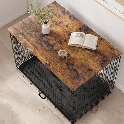 Piskyet Dog Crate Topper Wood Countertop for 48 42 36 30 24 inch Dog Cage, Dog Crate Cover,Dog Kennel Topper(Crate Not Include) (Rustic Brown, for 48 Inch Crate)