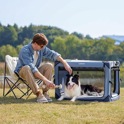 Lesure Collapsible Dog Crate - Portable Travel Kennel for Large Dog, 4-Door Pet Crate with Durable Mesh Windows, Indoor & Outdoor, Blue