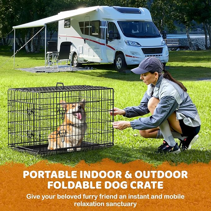Yaheetech 36 inch Double Door Dog Crate w/Divider for Puppy, Collapsible Metal Dog Kennel with Removable Tray, Portable Travel Cage, Black