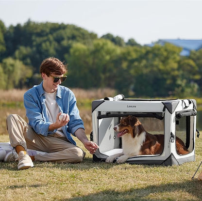 Lesure Collapsible Dog Crate - Portable Travel Kennel for Medium Dog, 4-Door Pet Crate with Durable Mesh Windows, Indoor & Outdoor, Light Gray