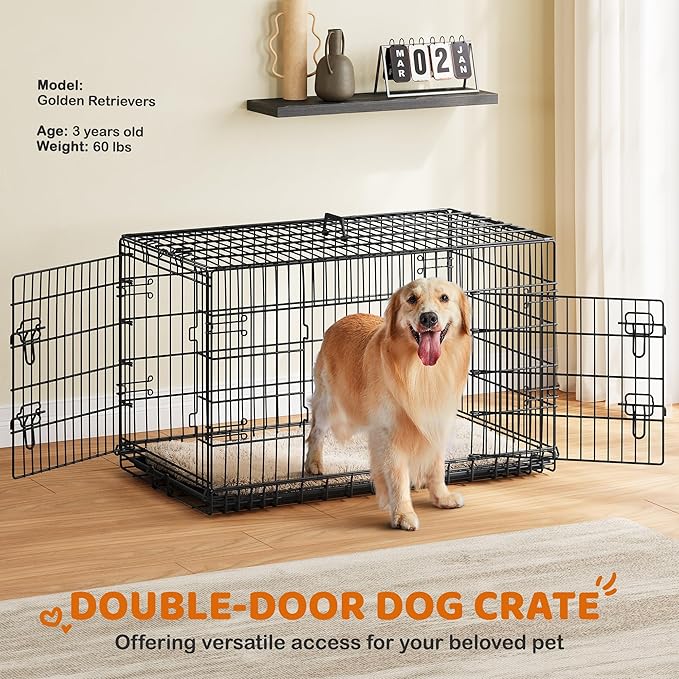 Yaheetech 42 inch Double Door Dog Crate w/Divider for Puppy to Adult XL Collapsible Metal Crate with Removable Tray Wire Dog Kennel for Large Dogs Portable Travel Cage, Black