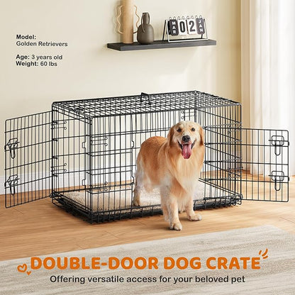 Yaheetech 42 inch Double Door Dog Crate w/Divider for Puppy to Adult XL Collapsible Metal Crate with Removable Tray Wire Dog Kennel for Large Dogs Portable Travel Cage, Black
