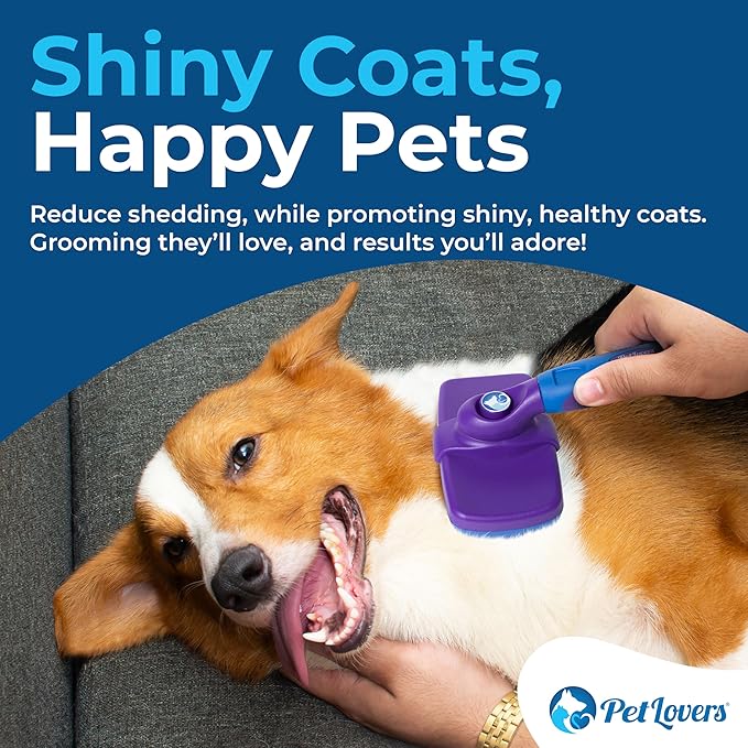 PetLovers EzSlicker Self-Cleaning Brush - Dog Brush for Shedding, Gentle Slicker Brush for Cats, Tangle-Free Grooming Comb with Soft Bristles & Ergonomic Handle for Stress-Free Grooming (Purple)