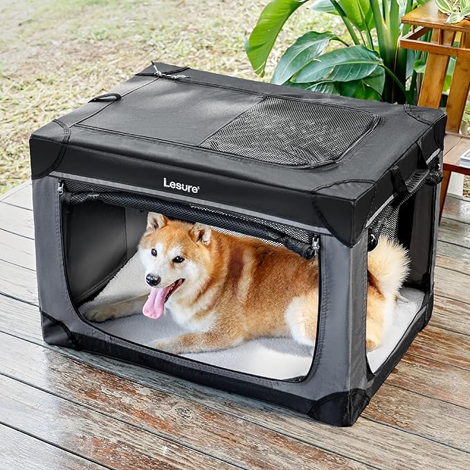 Lesure Soft Collapsible Dog Crate - 30 Inch Portable Travel Crate for Medium Dogs Indoor & Outdoor, 4-Door Foldable Pet Kennel with Durable Mesh Windows, Black