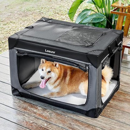 Lesure Soft Collapsible Dog Crate - 30 Inch Portable Travel Crate for Medium Dogs Indoor & Outdoor, 4-Door Foldable Pet Kennel with Durable Mesh Windows, Black