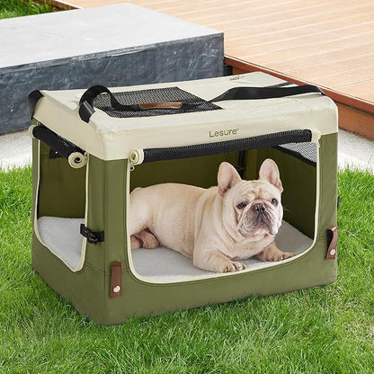 Lesure Collapsible Travel Dog Crate for Small Dogs, Portable Soft Dog Crate for Outdoor & Indoor, Folding Fabric Dog Kennel with Handle, 24 Inch Heavy Duty Pet Carrier (Green)