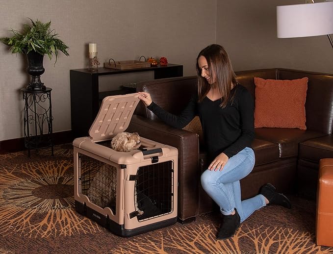 Pet Gear “The Other Door” 4 Door Steel Crate for Dogs/Cats with Garage-Style Door, Includes Plush Bed + Travel Bag, No Tools Required, Beige