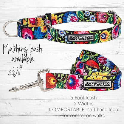 Lucky Love Dog Wide Martingale Dog Collar - No-Slip, Durable, & Soft Webbing 1.5 inch Martingale Collar for Dogs Male and Female - Ideal for Training & Walking, Stylish Blackbird Pattern, Large Size