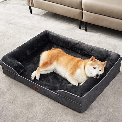EHEYCIGA Orthopedic Dog Beds for Large Dogs, Waterproof Memory Foam Large Dog Bed with Sides, Non-Slip Bottom and Egg-Crate Foam Large Dog Couch Bed with Washable Removable Cover, Dark Grey