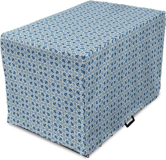 Lunarable Yellow and Blue Dog Crate Cover, Portuguese Traditional Tiles Abstract Mosaic Floral Swirl Motifs, Easy to Use Pet Kennel Cover for Cats & Medium Dogs, 24 Inch, Blue Orange Yellow