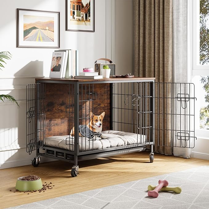 Dog Crate Furniture, 38.6" Modern Double-Door Dog House with Pull-Out Tray, Heavy-Duty Wooden Kennel & Removable Wheels, Side Table for Large Dog Sizes, Rustic Brown