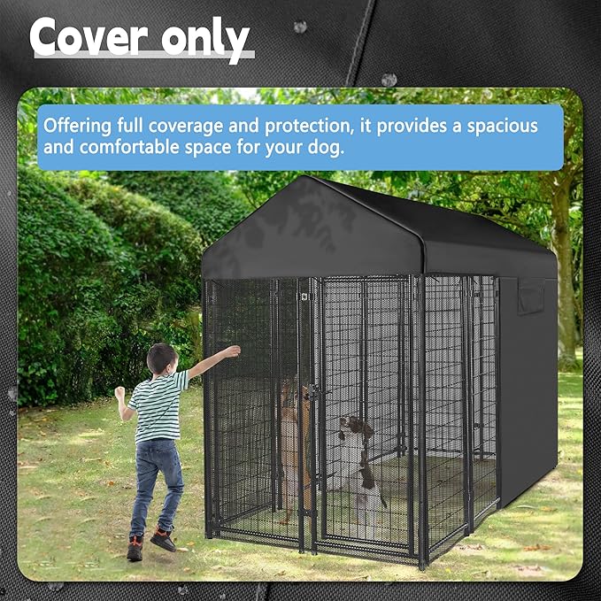 Outdoor Dog Kennel Cover Black for 8'Dx4'W 600D Waterproof and Durable Dog Crate Cover with Mesh Breathable Good Observation（Cover Only）