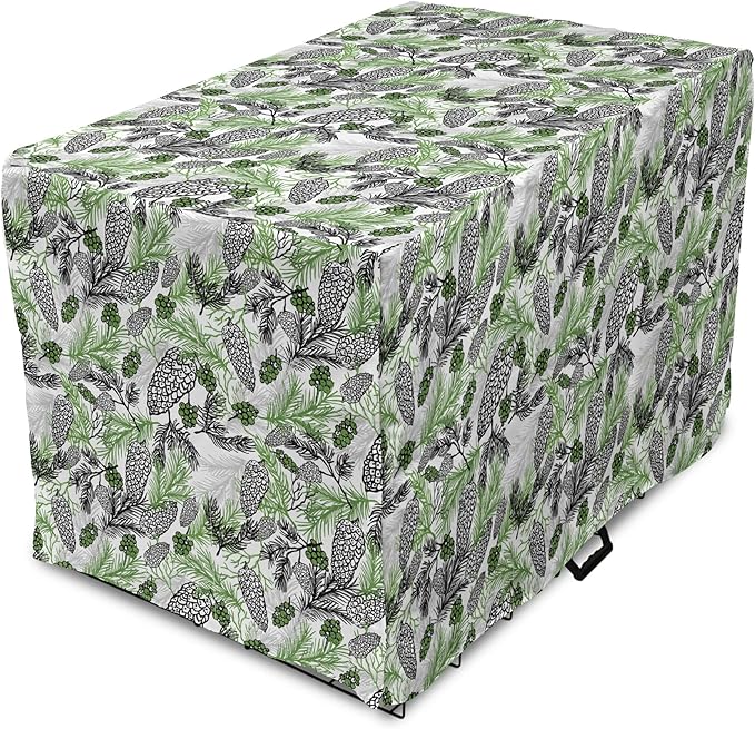 Lunarable Green Xmas Dog Crate Cover, Pine Cones and Holiday Theme Plants Fir Tree Motifs Print, Easy to Use Pet Kennel Cover for Small Dogs Puppies Kittens, 22 Inch, White Fern Green