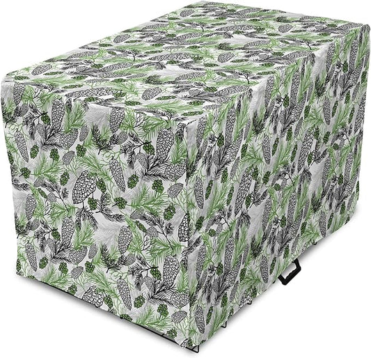 Lunarable Green Xmas Dog Crate Cover, Pine Cones and Holiday Theme Plants Fir Tree Motifs Print, Easy to Use Pet Kennel Cover for Small Dogs Puppies Kittens, 22 Inch, White Fern Green