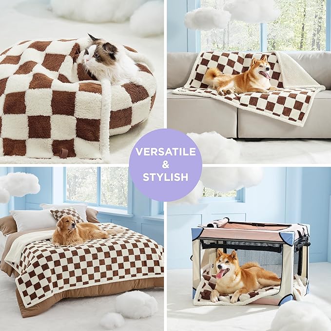 Lesure Waterproof Dog Blanket for Large Dogs - Washable Double Sided Dog Blankets with Warm Jacquard Shag and Soft Sherpa Fleece, Pet Cat Blanket for Couch Protection, 3D Textured Checks, Brown