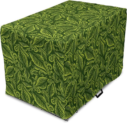 Lunarable Hunter Green Dog Crate Cover, Baroque Style Damask Floral Pattern with Leaves Swirled Branches Retro Design, Easy to Use Pet Kennel Cover for Medium Large Dogs, 36 Inch, Lime Green