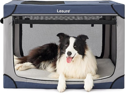 Lesure Soft Collapsible Dog Crate - 36 Inch Portable Travel Crate for Large Dogs Indoor & Outdoor, 4-Door Foldable Pet Kennel with Durable Mesh Windows, Blue