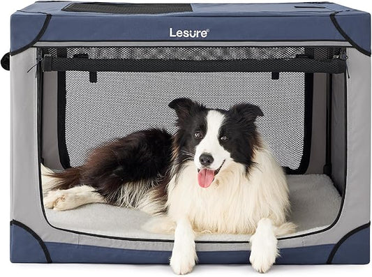 Lesure Soft Collapsible Dog Crate - 36 Inch Portable Travel Crate for Large Dogs Indoor & Outdoor, 4-Door Foldable Pet Kennel with Durable Mesh Windows, Blue