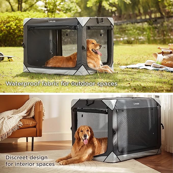 Lesure Collapsible Dog Crate - Portable Travel Kennel for Large Dog, 4-Door Pet Crate with Durable Mesh Windows, Indoor & Outdoor, Charcoal Gray