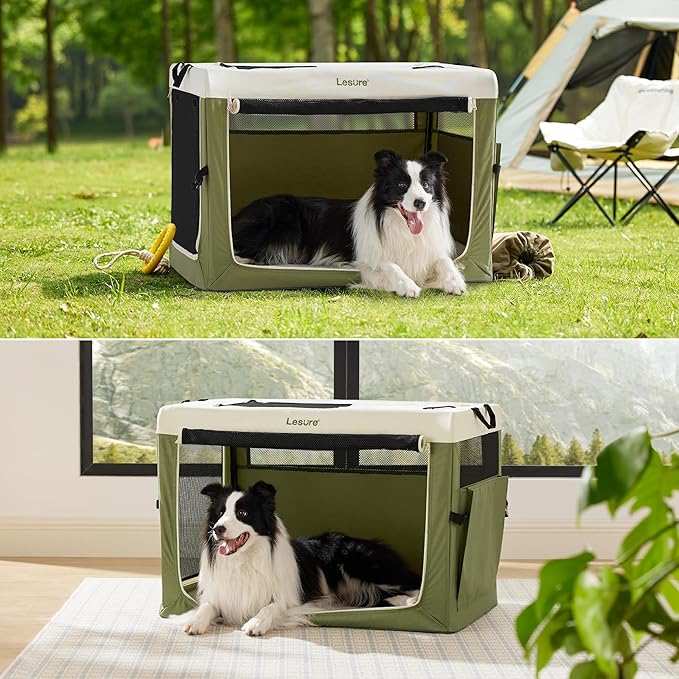 Lesure Collapsible Travel Dog Crate for Small Dogs, Portable Soft Dog Crate for Outdoor & Indoor, Folding Fabric Dog Kennel with Handle, 42 Inch Heavy Duty Pet Carrier (Green)