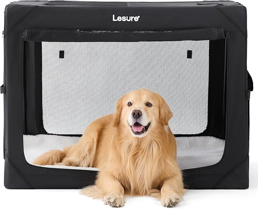 Lesure Collapsible Dog Crate - Portable Travel Kennel for Extra Large Dog, 4-Door Pet Crate with Durable Mesh Windows, Indoor & Outdoor, Black