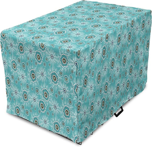 Lunarable Abstract Dog Crate Cover, Surreal and Flourishing Botanical Floral Ornaments Pattern, Easy to Use Pet Kennel Cover for Medium Large Dogs, 48 Inch, Cadet Blue Grey