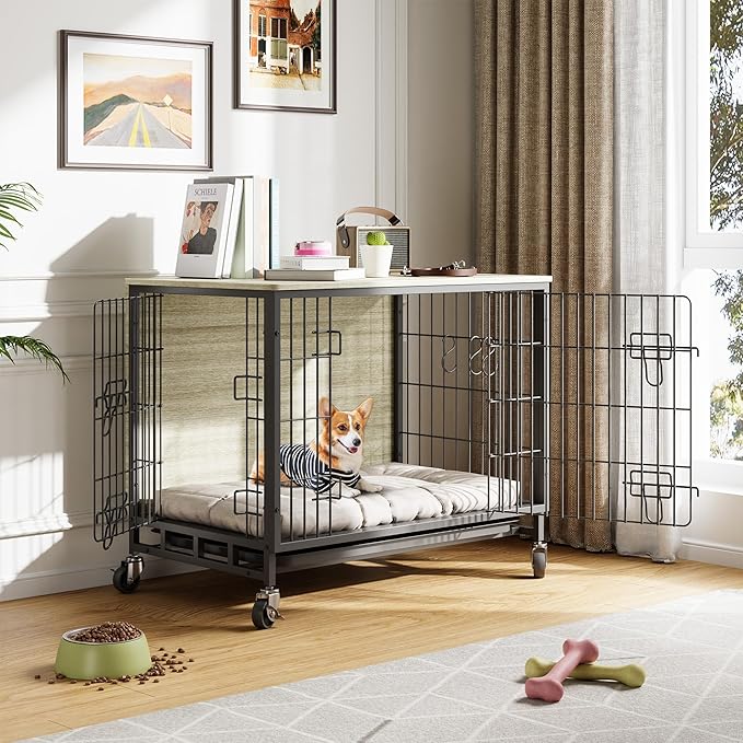 Dog Crate Furniture, 38.6" Modern Double-Door Dog House with Pull-Out Tray, Heavy-Duty Wooden Kennel & Removable Wheels, Side Table for Large Dog Sizes, Rustic Gray