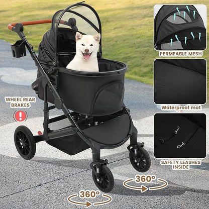Pet Stroller with 4 Wheels, Foldable Pet Travel Carrier for Small/Medium Dogs Cats up to 50lbs, Detachble Portable Pet Bag, Storage Basket, Car Seat 3 in 1 Multifunctional (Black)