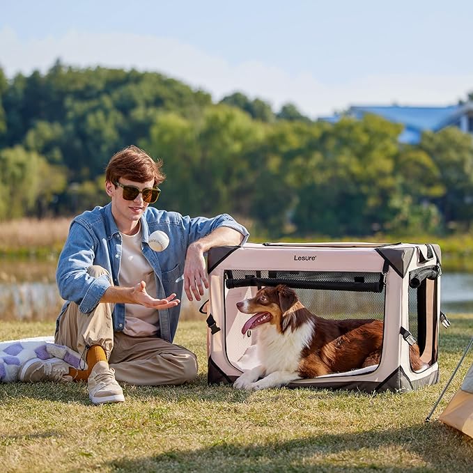 Lesure Collapsible Dog Crate - Portable Travel Kennel for Medium Dog, 4-Door Pet Crate with Durable Mesh Windows, Indoor & Outdoor, Pink