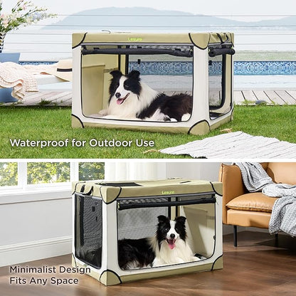 Lesure Soft Collapsible Dog Crate - 36 Inch Portable Travel Crate for Large Dogs Indoor & Outdoor, 4-Door Foldable Pet Kennel with Durable Mesh Windows, Beige