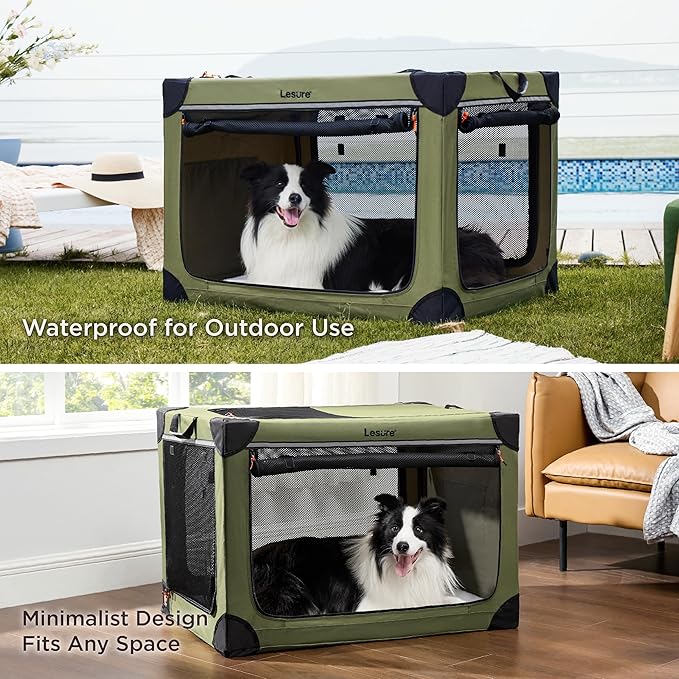 Lesure Soft Collapsible Dog Crate - 36 Inch Portable Travel Crate for Large Dogs Indoor & Outdoor, 4-Door Foldable Pet Kennel with Durable Mesh Windows, Green