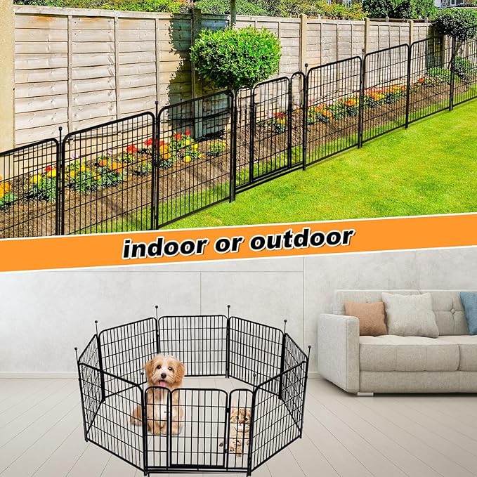 Garden Fence with Gate 36 in(H)×27 in(L) 4 Panels, Heavy Duty Iron Animal Barrier Fence, Rabbit Fence for Garden, Suitable for Indoor Pet Or Outdoor Dog Fencing, Total 8.9 Ft(L), Black