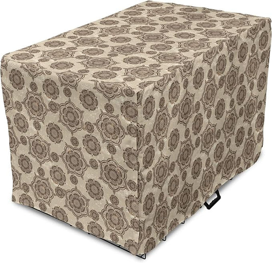 Lunarable Cream Dog Crate Cover, Vintage Eastern Inspired Design with Symmetrical Elements Abstract Flower Arrangement, Easy to Use Pet Kennel Cover for Small Dogs Puppies Kittens, 18 Inch, Tan Brown