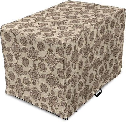 Lunarable Cream Dog Crate Cover, Vintage Eastern Inspired Design with Symmetrical Elements Abstract Flower Arrangement, Easy to Use Pet Kennel Cover for Medium Large Dogs, 48 Inch, Tan Brown