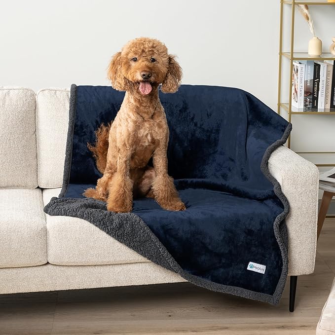 PetAmi Waterproof Dog Blanket for Bed, XL Dog Pet Blanket Couch Cover Protector, Sherpa Fleece Leakproof Blanket for Crate Kennel Sofa Furniture Queen Bed Protection Reversible Soft 90x90 Navy Gray