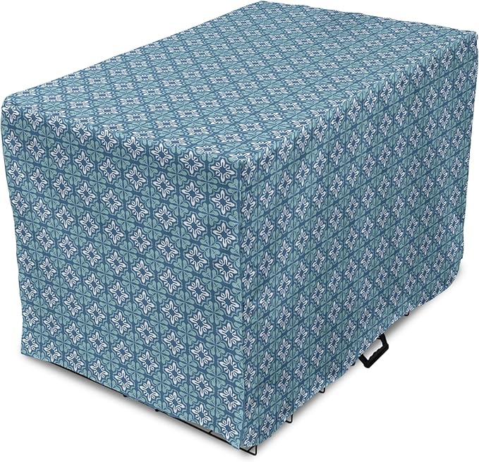 Lunarable Talavera Dog Crate Cover, Folkloric Tile Inspired Pattern of Moroccan Culture Print, Easy to Use Pet Kennel Cover for Medium Large Dogs, 42 Inch, Sea Blue Pale Teal