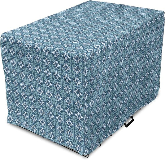 Lunarable Talavera Dog Crate Cover, Folkloric Tile Inspired Pattern of Moroccan Culture Print, Easy to Use Pet Kennel Cover for Medium Large Dogs, 42 Inch, Sea Blue Pale Teal