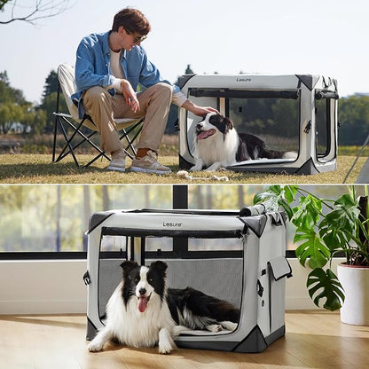 Lesure Collapsible Dog Crate - Portable Travel Kennel for Large Dog, 4-Door Pet Crate with Durable Mesh Windows, Indoor & Outdoor, Light Gray